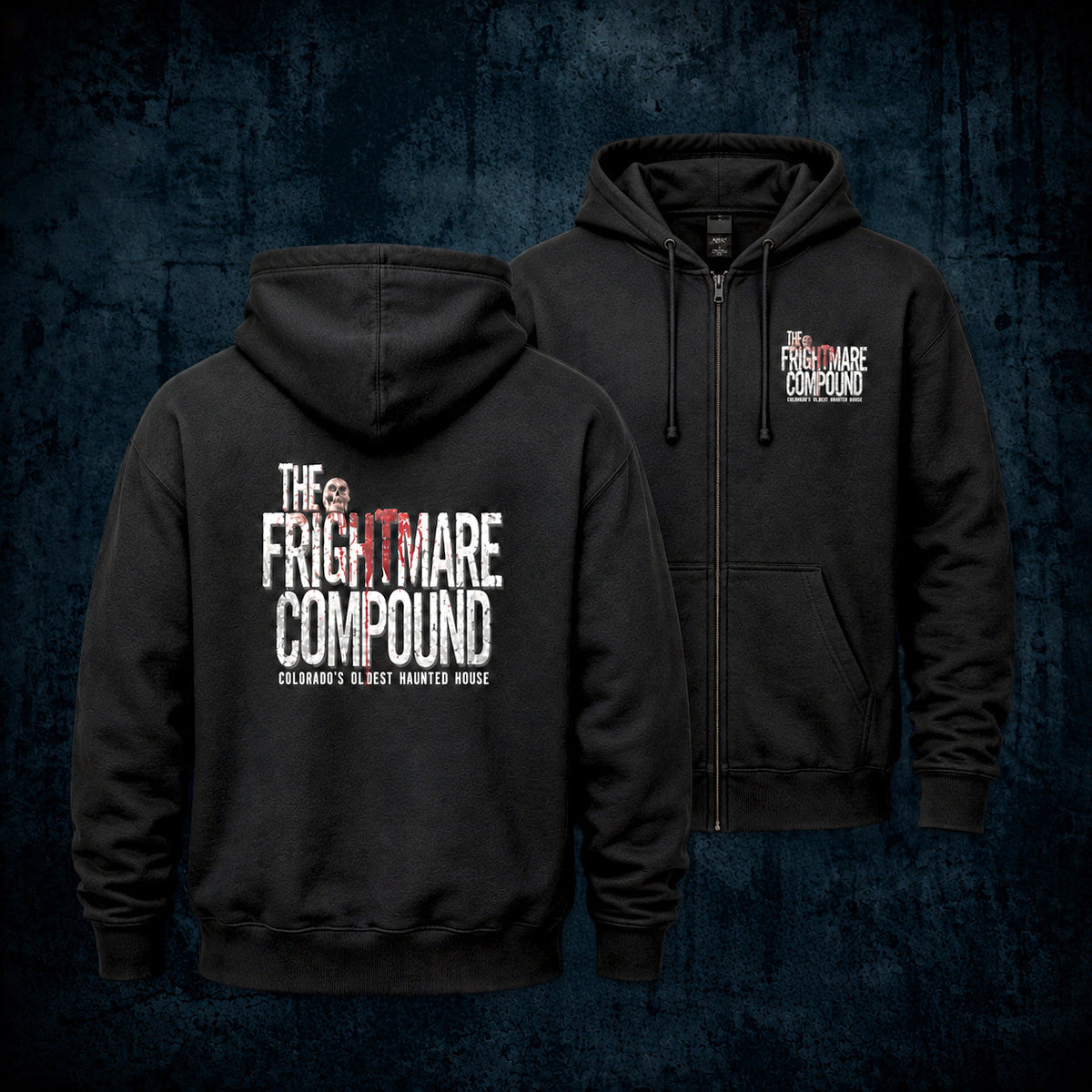 Two black zip-up hoodies shown against a dark textured background, with the front and back views overlapping. The back hoodie features large distressed white and red text reading 'The Frightmare Compound' with smaller text below,.