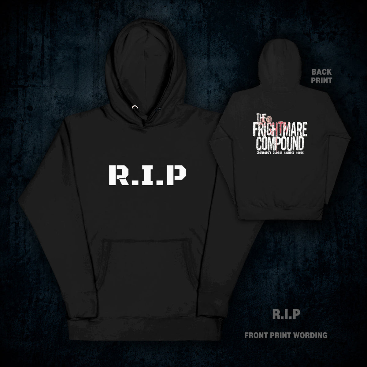 Black pullover hoodie shown from the front and back on a dark red textured background. The front has large white 'R.