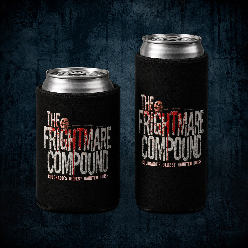 Two black can coolers holding aluminum cans, displayed against a dark textured background. The coolers feature a graphic design for 'The Frightmare Compound' with white and red lettering.