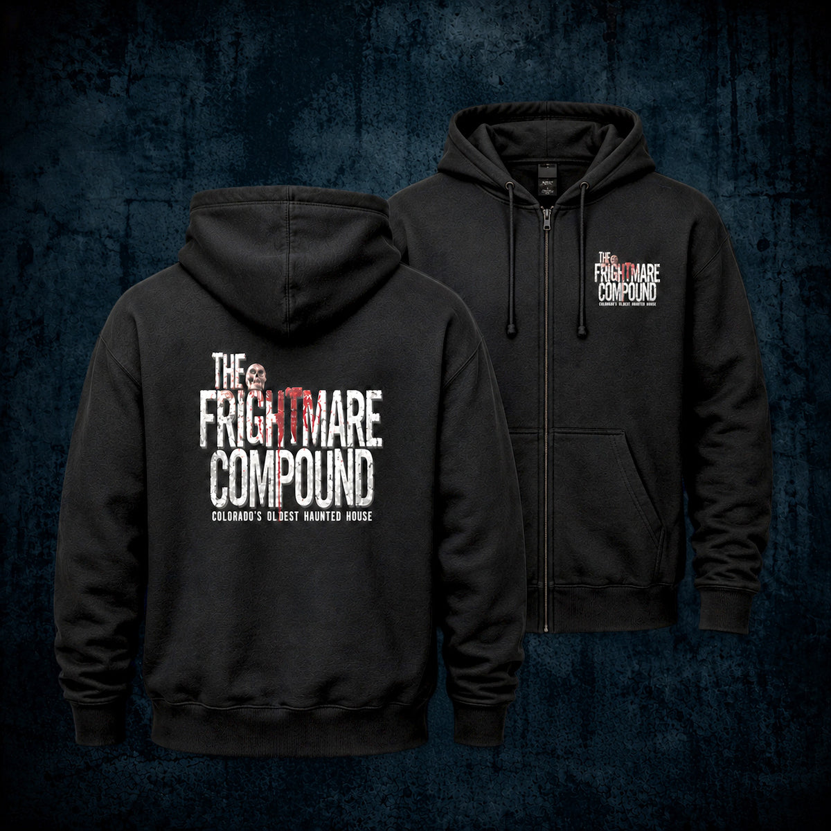 Two black zip-up hoodies shown against a dark textured background, with the front and back views overlapping. The back hoodie features large distressed white and red text reading 'The Frightmare Compound' with smaller text below, and the front hoodie has a smaller matching chest logo.