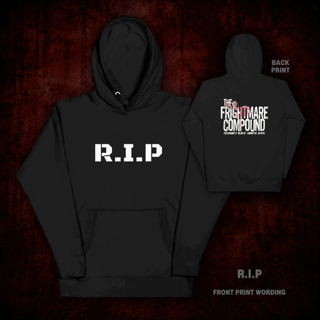 Black pullover hoodie shown from the front and back on a dark red textured background. The front has large white 'R.