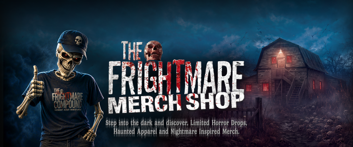 Promotional banner for 'The Frightmare Merch Shop' featuring a skeleton mascot in a baseball cap on the left, large distressed white and red text in the center, and a haunted house at night on the right against a dark stormy sky.