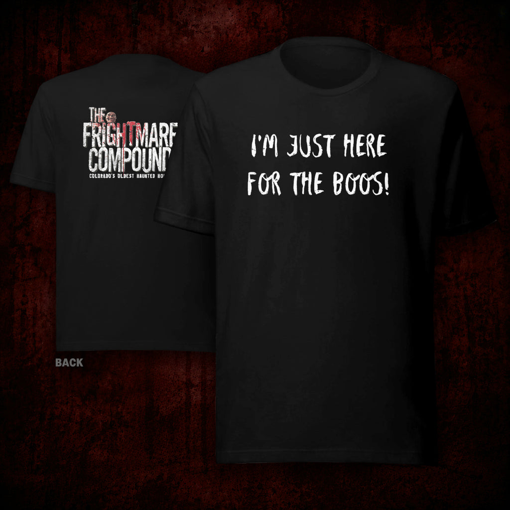 Two black graphic t-shirts shown against a dark red textured background. The front shirt displays the white text 'I'M JUST HERE FOR THE BOGS!' and the back shirt displays 'THE FRIGHTMARK COMPOUND' with 'GREAT SCENTS OF MY' underneath.